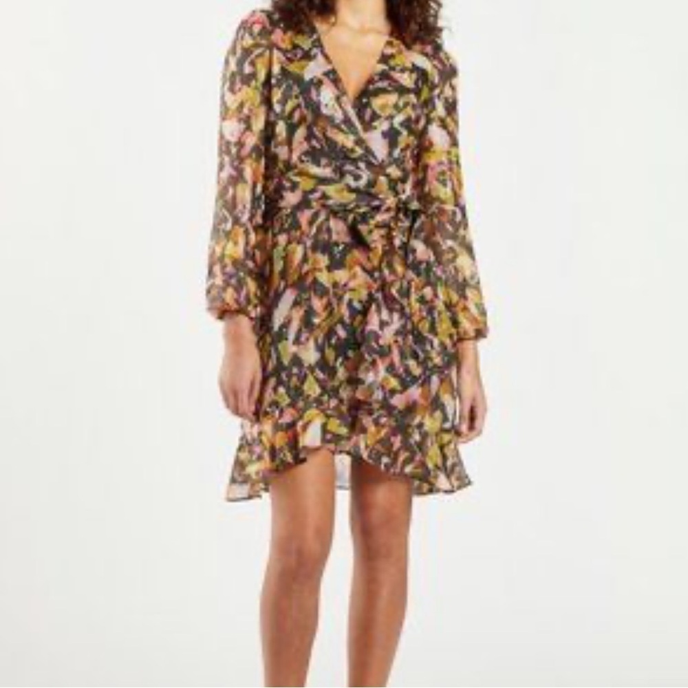 NWT Marie Oliver Metallic Black Fruity Print Wiley Mini Faux Wrap Dress